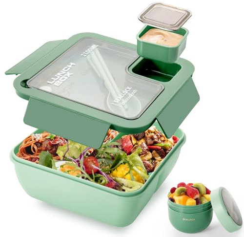 Dyserbuy Bento Lunch Box, Bento Box Set with Insulated Bag, Cutlery, Soup Cup, Leakproof Lunch Boxes with Compartments, Lunchbox Adults and Kids for Office, School, Picnic or Travel (Green)