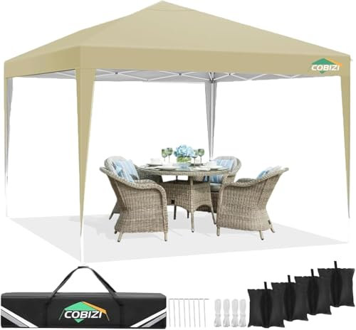 COBIZI Faltpavillon 3x3 Wasserdicht Stabil, Partyzelt 3x3 Gartenpavillon UV-Schutz 50+ Pavillion Klappbar 3x3m Pop up Pavillon mit 4 Sandsäcke für Camping, Strand, Familientreffen(Khaki)