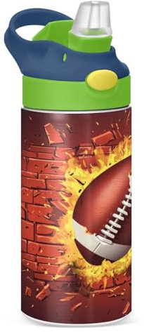JUMBEAR Bouteille d'eau 3D pour enfants avec couvercle à paille, motif rugby, 350 ml, bouteille d'eau isotherme en acier inoxydable pour garçons et filles