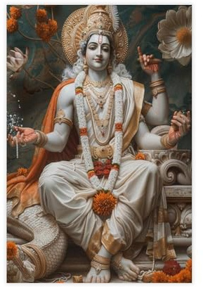 Vishnu Leinwandposter mit Liege auf Schlange, kosmischer Ozean, Wandkunstdruck, Bild, Gemälde, 30 x 45 cm