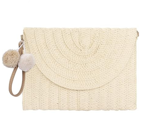 Niboken Damen Clutches Abendtasche Umhängetasche, Stroh Handtasche Kupplung Geldbörse Umschlag Tasche Flache Korbtasche Sommer Strandtasche mit abnehmbarer Schulterriemen, Boho-Stil