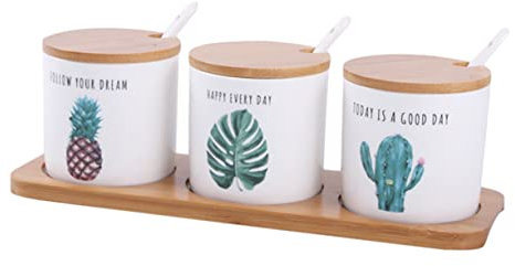 Mikinona Barattoli Per Condimenti in Ceramica Con Pianta Verde Nordica Dipinta Mano Contenitori Ermetici Con Coperchi Cucchiai e Base Di Supporto Adatti Per Conservare Zucchero e Altri Cond