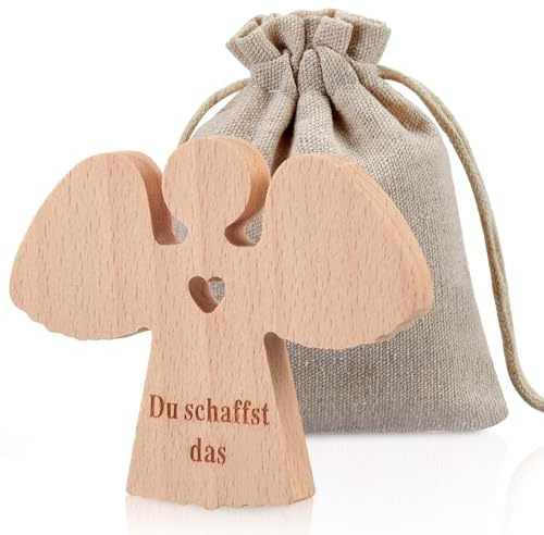 Namalu Holz Schutzengel mit Baumwollsäckchen Taufe Kommunion Firmung | Schutzengel Figur, Glücksbringer mit Spruch du Schaffst Das, Christliche Geschenke für Familie, Freunde, Prüfung