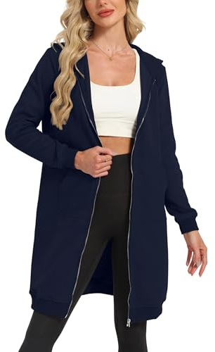 Timuspo Damen Lange Kapuzenjacke Weich und Locker Sweatjacke Einfarbig Zipper Hoodie Oversized Warm Sweatshirt Jacke Kapuzenpullover mit Taschen