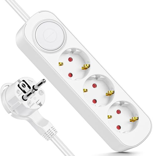 RealMade 3-Fach Steckdosenleiste mit Sicherheitsschalter, Kindersicherung und 3 m Kabel, VDE-geprüft, H05VV-F 3G1,5 mm², Zugringstecker, Weiß