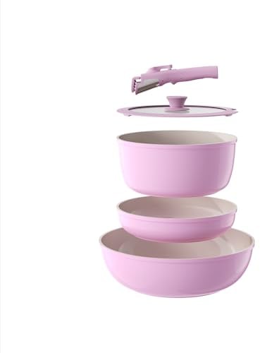OUBRL Set di pentole e padelle antiaderenti, ceramica con manico staccabile, set da cucina da campeggio con manici rimovibili, lavabile in lavastoviglie/forno/frigorifero, induzione,rosa