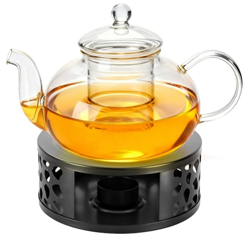 Tetera de cristal de 1000 ml con calentador negro de acero inoxidable, tetera de cristal con colador de cristal y tapa, ideal para preparar té suelto, adecuada para el hogar y la oficina