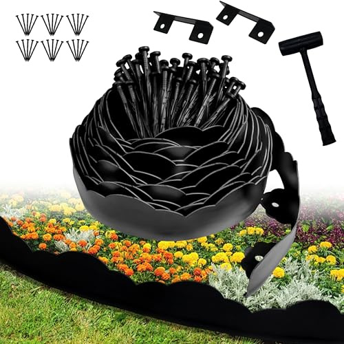 Bordure de Jardin Flexible 10m,Hauteur 7 cm,Bordure Jardin Exterieur Plastique,avec 30 piquets et 2 connecteurs + 1 Marteau(Bord ondulé, 7cmx10m)