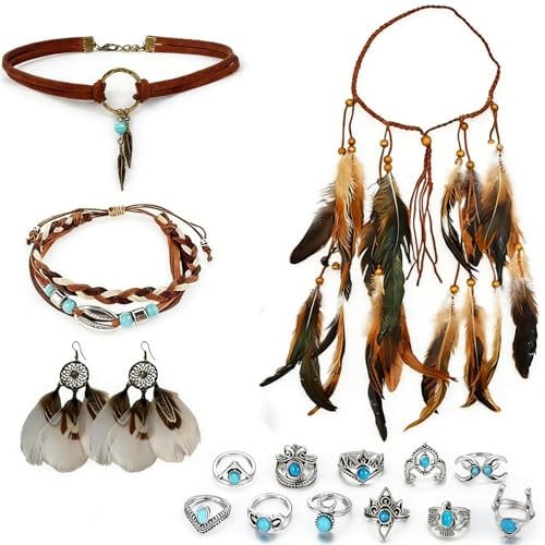 16 Teile Boho Schmuck Damen Set mit Choker Kette Damen Boho Ohrringe | Oberarmarmband Federn für Indianer Kopfschmuck Armreif und 11 Ringe Indianer Schmuck für Festival Karneval Themenparty Alltag