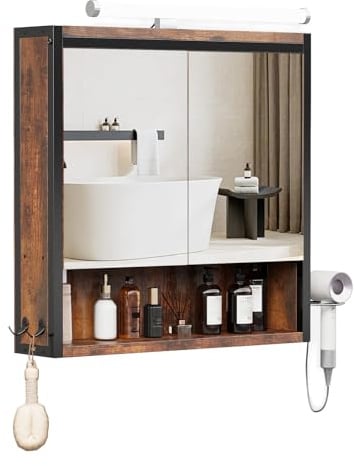 ELUCHANG Spiegelschrank Bad mit Beleuchtung,Verstellbare Ablage Badezimmerschrank mit Spiegel LED, Badschrank mit Haartrockner-Halter und Haken, mit Stecke, Metall MDF,Schwarz+Vintage, 60x60x15 cm