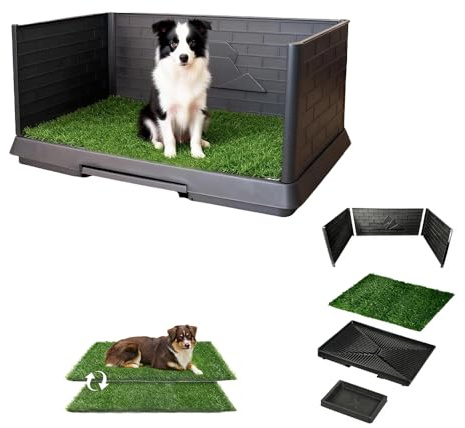Hundtoalett, 75 x 50 cm tre sidoväggar, utrustad med 2 utbytbara konstgräsmatta, hundtoalett balkong, för inomhus och utomhus, lämplig för små hundar, stora hundar och äldre hundar