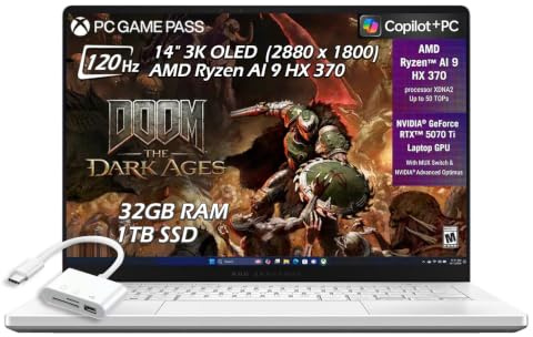 ASUS ROG Zephyrus G14 14 3K OLED 120Hz Copilot+ PC Gaming Laptop, AMD Ryzen AI 9 HX 370, NVIDIA GeForce RTX 5070Ti, 32GB RAM 1TB SSD Wi-Fi7, Backlit KB, Win11, Platinum White, USB Hub, W/GaLiMu