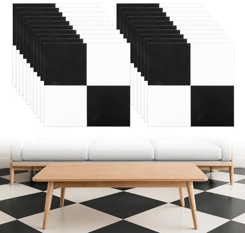 20er Pack PVC Bodenbelag Selbstklebende Fliesen Vinylboden 30X30cm Schwarz-Weiß Schachbrett Vinyl Bodenaufkleber, Wasserdicht Selbstklebende Bodenfliesen Vinyl-Boden für Küche, Wohnzimmer