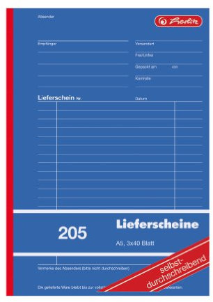 Herlitz 883546 Lieferschein-Buch A5 205 3x40 Blatt, selbstdurchschreibend
