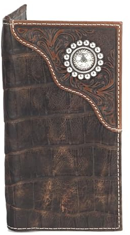 ARIAT Men's Rodeo Wallet, Floral Embossed Overlay, Western Concho, Brown