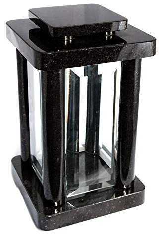 Lampe funéraire de qualité supérieure - En granit véritable - Noir - Hauteur : 25,5 cm - Diamètre : 14,5 cm - Lanterne en granit - Avec socle - Décoration funéraire