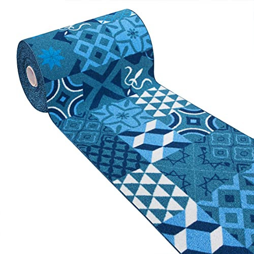 Tappeto Cucina Tessitura Piatta Retro Antiscivolo Piastrelle Maioliche Multiuso Corridoio Bagno Camera MOD.FAKIRO36 57x240 Blu