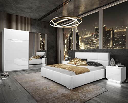 lukmebel Schlafzimmer-Set 1 x Polster-Schlafbett B160 x L200 cm, 1 x Schrank B244 x H215 x T62 cm mit Schiebetüren, 2 x Nachttisch mit LED 55 x 49 x 37 cm, Hochglanz-Optik, Madryt 920
