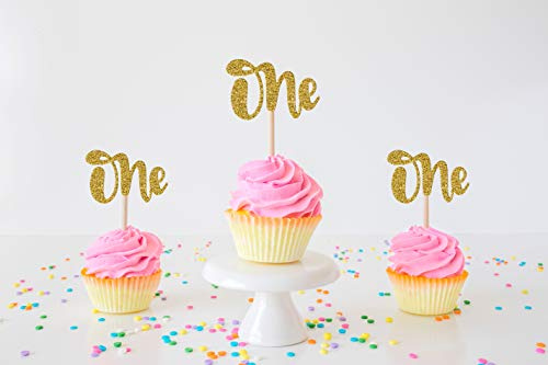 Confetti - One Cupcake Toppers (Pack of 20) Gold Glitter Cupcake Toppers for Kids First Birthday Party Decoration