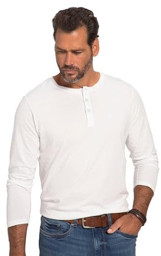 JP 1880 Men's Shirt, Henley, Langarm, Knopfleiste, bis 8XL T-Shirt, Weiß, 3XL