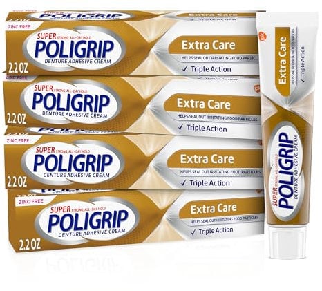 Super Poligrip Extra Care Lot de 4 crèmes adhésives pour prothèses dentaires sans zinc 62,4 g