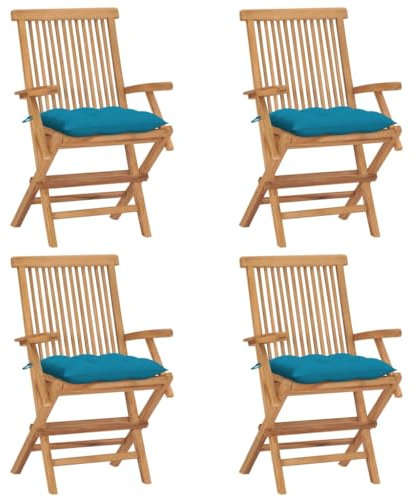 vidaXL 4X Teak Massiv Gartenstuhl mit Hellblauen Kissen Armlehnen Essstuhl Klappstuhl Stuhl Stühle Gartenstühle Holzstuhl Balkonstuhl Terrassenstuhl