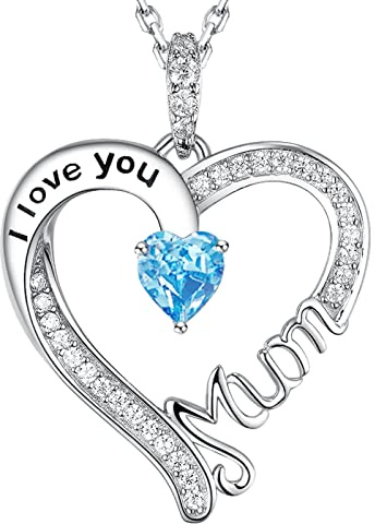 GinoMay Aquamarin Halskette Ich liebe dich Mama Liebe Herz Anhänger Schmuck März Geburtstagsgeschenke Frauen Halskette 925 Silber