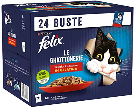 Purina Felix Le Ghiottonerie Cibo Umido per Gatti con Manzo, Pollo, Coniglio e Agnello, 24 x 85g