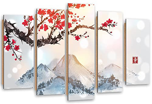 Feeby Dekobild 5 Paneele 200x100 cm Japan Blühender Kirschbaum Berge Wanddekoration Kunstdruck Zimmerdeko Bilderwand Kanji Orientalisch Osten Asien Rosa