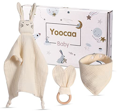 Yoocaa Baby Geschenk zur Geburt Junge and Mädchen, Reiner Musselin Baumwolle Schmusetuch, Lätzchen und Beißring Geschenke zur Geburt (Beige)