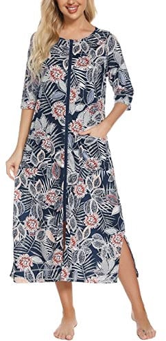 Rubehoow Zipper Housecoats for Women Half Sleeve Full Long Nightdress Soft Cotton Lightweight Mumu Housedress X-Large