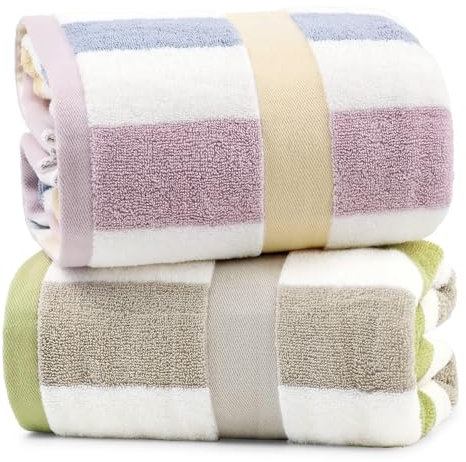 Jacquotha Gestreifte Duschtücher, 2 Stück, super saugfähig, schnell trocknend, Badetücher für den täglichen Gebrauch, großes Badetuch-Set für Männer und Frauen, 140 x 70 cm