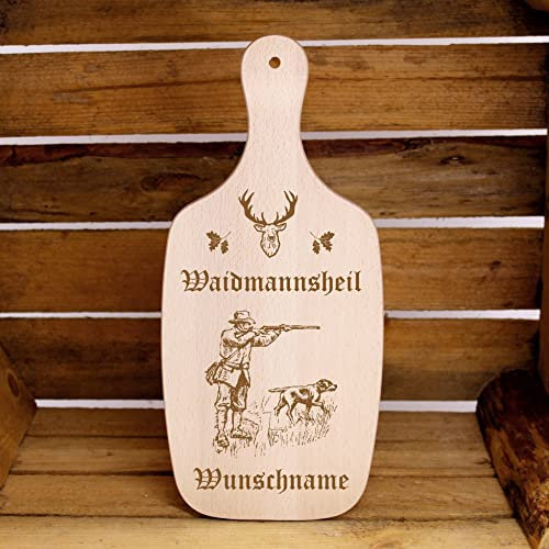 Waidmannsheil Weidmannsheil - Holzbrett Schneidebrett mit Wunschnamen Frühstücksbrett mit Gravur Wolf Hirsch Fuchs Wildschwein Geschenk für Jäger 34x15cm (Waidmannsheil Jäger Hund)