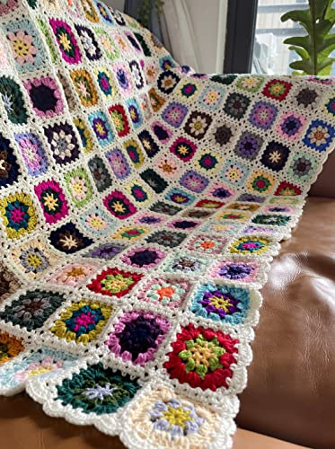RISEON Handmade Granny Square Crochet Throw Blanket Sweater Style Mat, Crochet Quilt, Multicolor Boho Travel Accent Decor Throw for Sofa Comforter Couch Bed Recliner Living Room Bedroom 47 x47