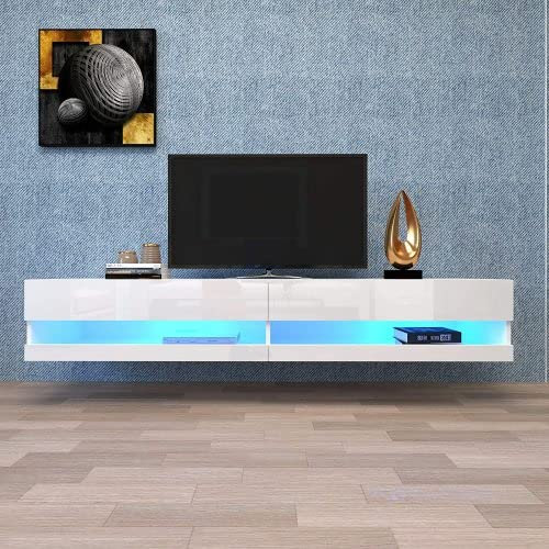 KEEPREAPER Tv Schrank weiß mit Led Hochglanz, tv lowboard hängend 140cm mit Stauraum