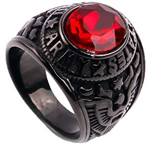 PAMTIER Herren Edelstahl US Armee Adler Ring mit Ovalem CZ Edelstein Schwarz Beschichtetes Hellrot Größe 70 (22.3)