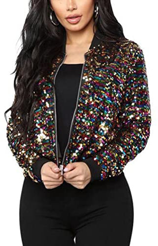 ORANDESIGNE Baseball Jacke Damen Pailletten Reißverschluss Langarm Jacken Frühling Herbst Kurze Jacke Outwear mit Taschen Frauen Retro Casual Baseball Bomberjacke Bikerjacke G Mehrfarbig XL
