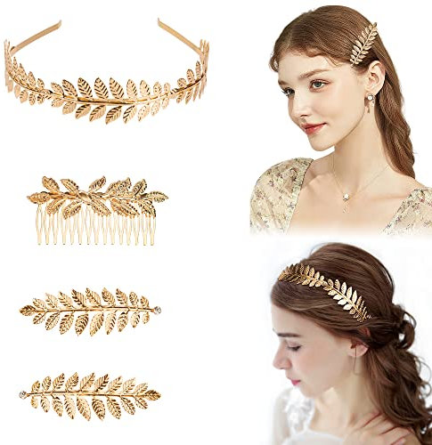 Göttin Krone Haarspangen mit Römischen Blatt-Krone Goldene Boho-Kopfschmuck Braut-Stirnband für Brautdekorationen Hochzeit Party 4 Stück