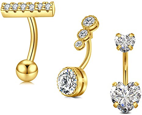 Crdifu 3er Bauchnabelpiercing Gold 10mm Chirurgenstahl 14G Piercing Bauchnabel Bauchpiercing Herz Kristall