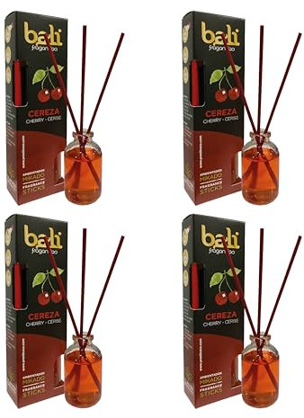 Pack de 4 Bali fragancias Ambientador Mikado CEREZA Difusor con varillas de ratán para tu salón, comedor o cualquier estancia de tu hogar, fragancias seleccionadas, Aromaterapia, Perfumado (30 ml)