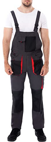WORK IDEA Herren Latzhose Arbeitsoverall mit Kniepolstertaschen, Grau/Rot, 54