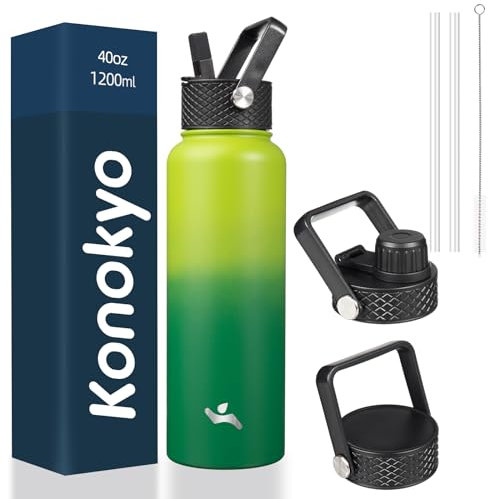 Konokyo Insulated Water Bottle with Straw,40oz 3 Lids Metal Bottles Stainless Steel Water Flask,Bamboo Grove