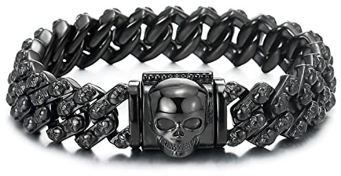 COOLSTEELANDBEYOND Gotischen Große Schwarz Herren-Armband aus Edelstahl Schädel Panzerkette mit Schädel Schließe
