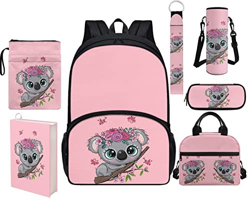 HUIACONG Koala Blumen Rucksack Set 7 in 1 Rosa Büchertasche mit Lunchbox Niedliche Schultasche Mädchen Rucksack Buchärmel Federmäppchen Kleine Geldbörse Wasserflasche Träger Schlüsselanhänger