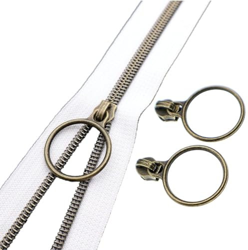 Leekayer #5 Antike Messing Metallic Nylon Spule Reißverschlüsse durch die Meter Bulk 9 Meter Weißes Reißverschlussband mit 25pcs Ring Zug Schieber für DIY Nähen Schneider Handwerk Tasche (weiß)