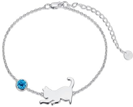 LONAGO Katze Armband 925 Sterling Silber Nette Katze mit Geburtsstein Armband Schmuck für Frauen (März-Blau)