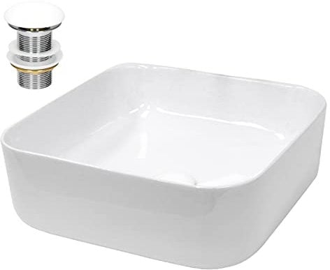 ECD Germany Lavabo da Appoggio con Set di Scarico 390 x 140 mm Ceramica Bianca Quadrato Lavandino Senza Troppopieno con Fori di Dimensioni Standard Lavamano da Bagno con Piletta