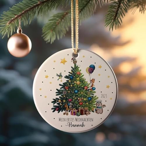 Weihnachtskugel Weihnachtsschmuck Keramik Baumanhänger personalisiert Mein erstes Weihnachten Namen Wunschname Tannenbaum Weihnachtsbaum Tiere Baumkugel wkp34 ilka parey wandtattoo-welt