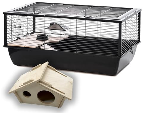 Großer Hamsterkäfig für Nagetiere + Holzhaus ca. 80 cm Hochwertig mit Holz Zubehör Nagerkäfig Haustier Kleintiere