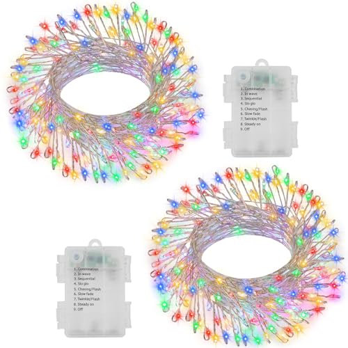 2 Pack Cluster Fairy Lights Battery Operated, Total 20Ft 400LED Christmas String Lights with Timer 8 Modes Twinkle Firecracker Fairy Lights for Garlands Tree Wedding Outdoor Decor (Multicolor)